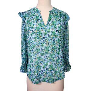 Cooper and Ella Shirt Top Size Small Sheer Floral Ruffled 3/4 Sleeve Flowy